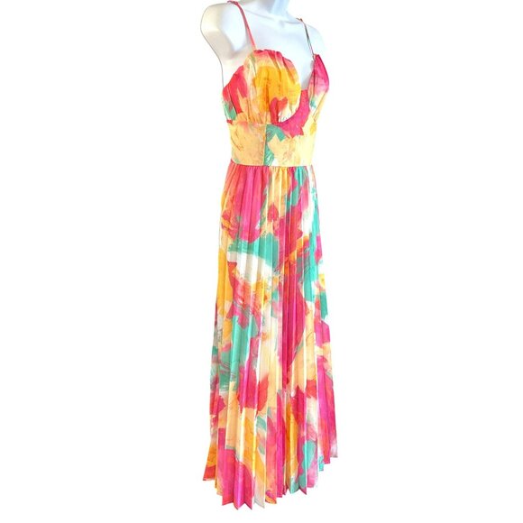 Flying Tomato Colorful Abstract Midi Dress Sweetheart Neckline Pleat Skirt Sz L - Picture 2 of 7